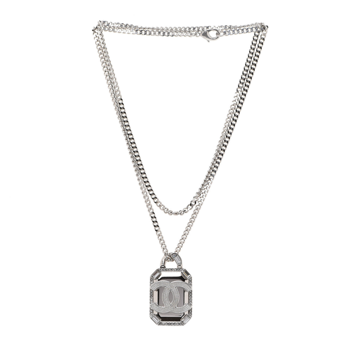 Chanel Crystal Baguette CC Mirror Pendant Necklace Silver 3 of 6