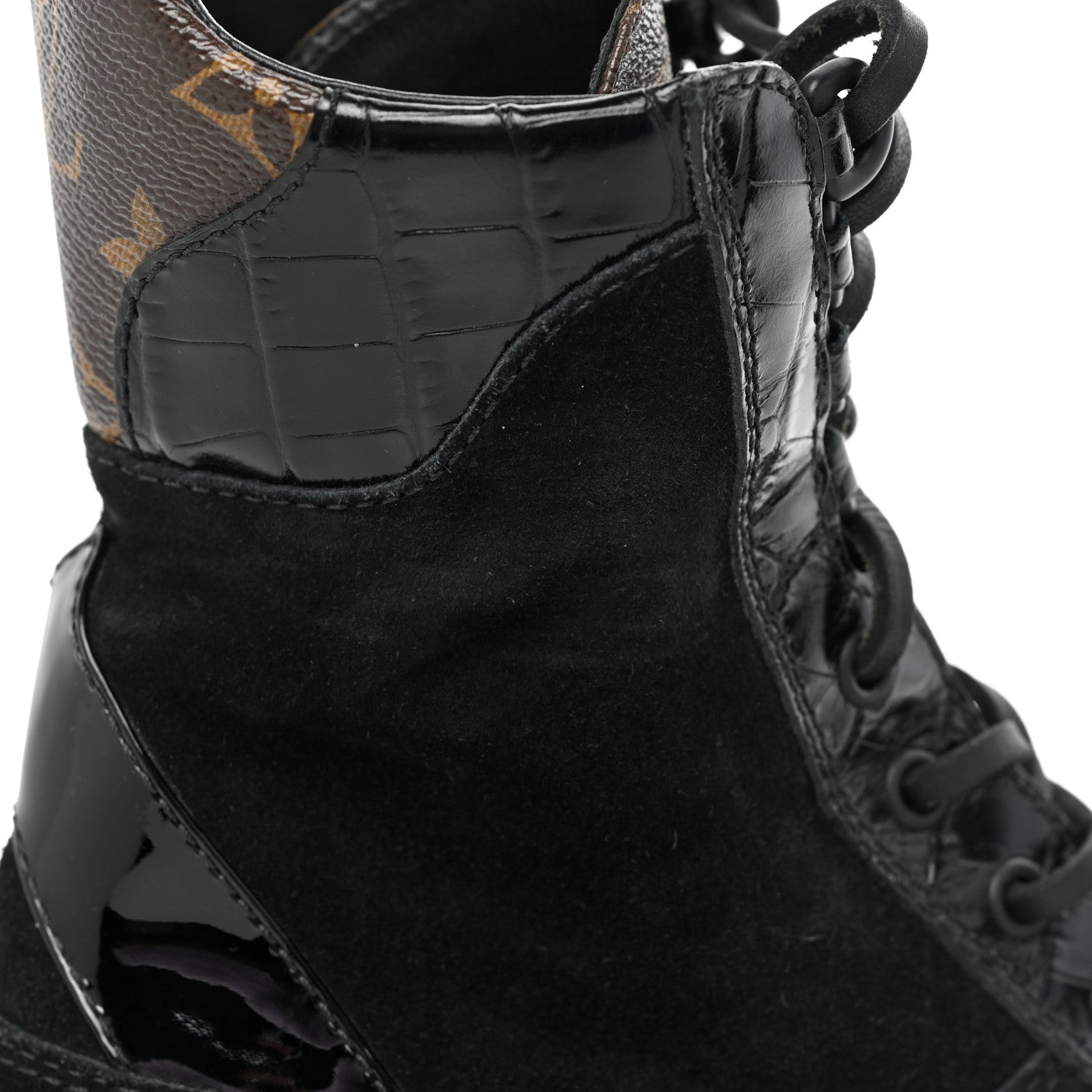 Louis Vuitton Suede Calfskin Crocodile Embossed Patent Monogram Laureate Platform Desert Boots 37 Black 13 of 14