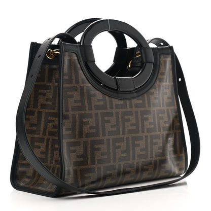 Fendi Glazed Fabric Vitello Century Plexiglass FF 1974 Stamp Patch Small Runaway Shopper Tote Mogano Panna Black 3 of 10