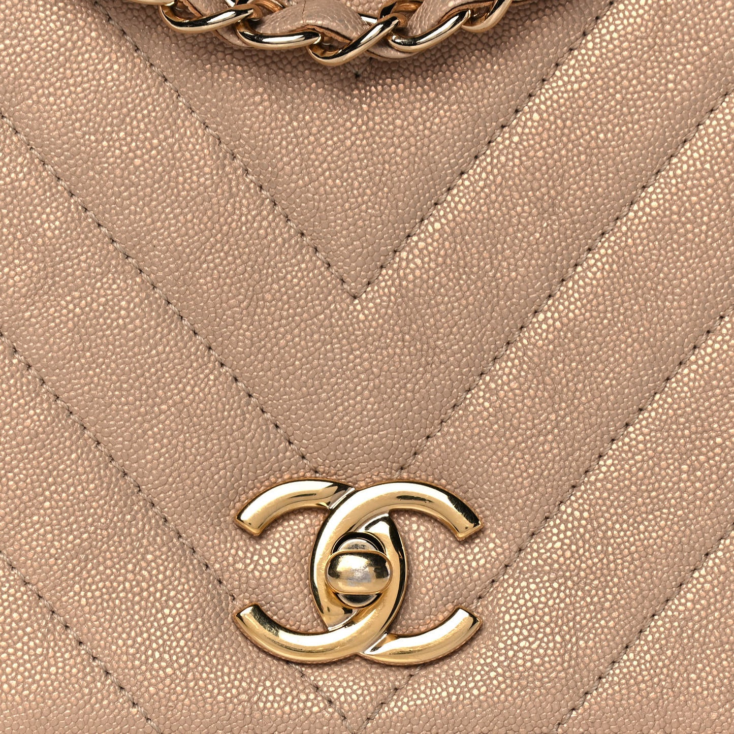 Metallic Caviar Chevron Quilted Medium Statement Flap Beige