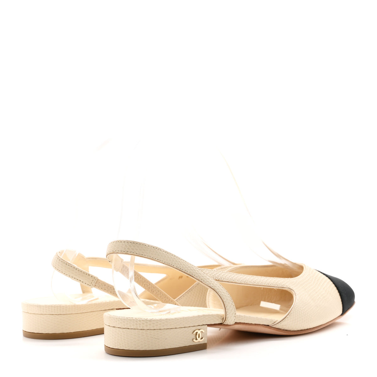 Chanel Lizard Grosgrain Cap Toe CC Slingback Flat 37.5 Ivory Black 5 of 9