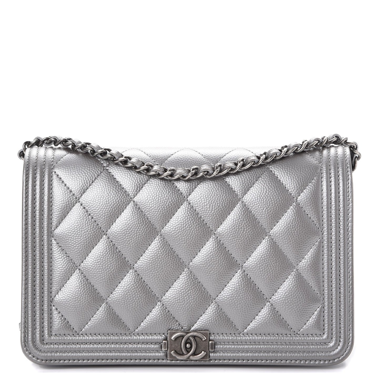 Metallic Caviar Quilted Boy Wallet On Chain WOC Silver