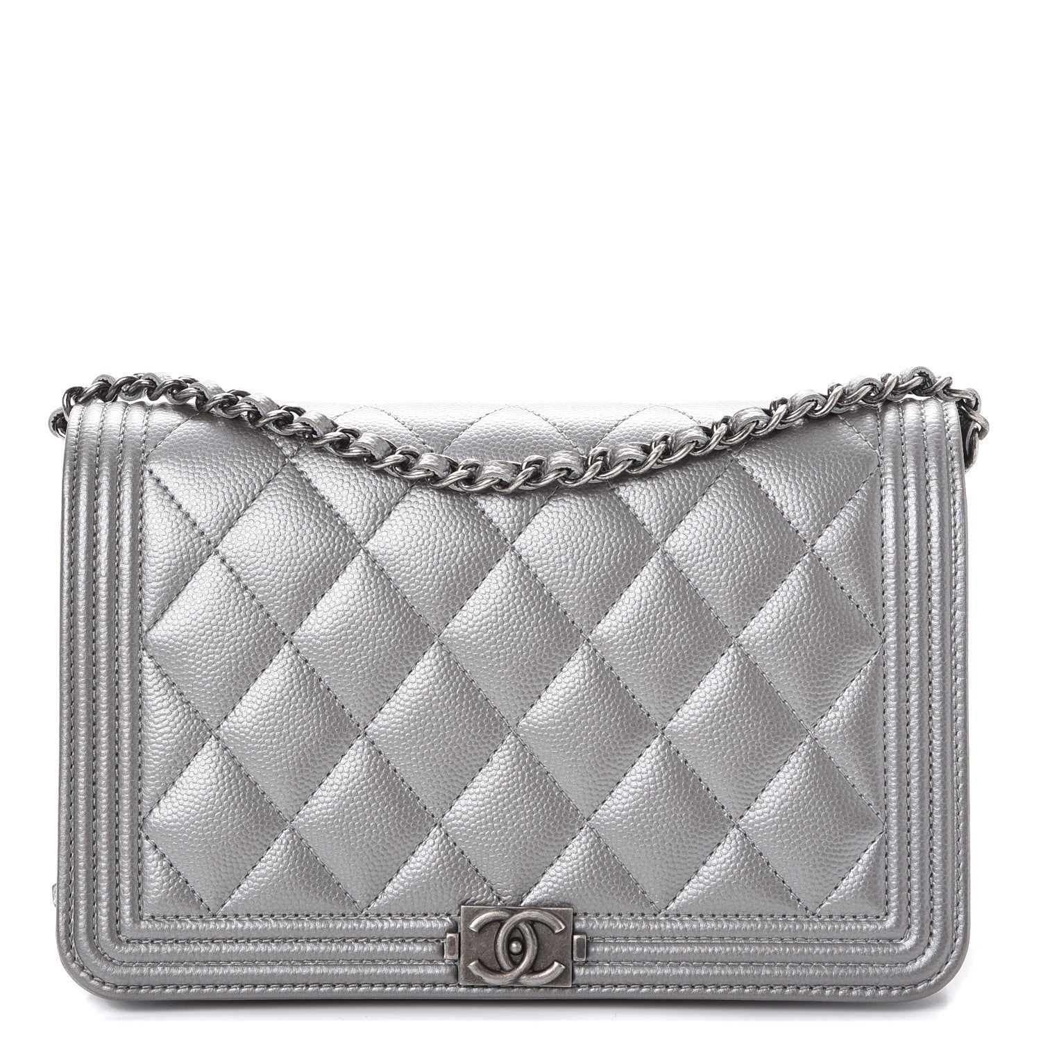 Chanel Metallic Caviar Quilted Boy Wallet On Chain WOC Silver 1 of 10