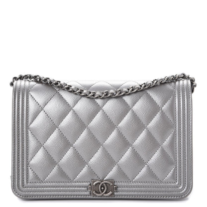Chanel Metallic Caviar Quilted Boy Wallet On Chain WOC Silver 1 of 10