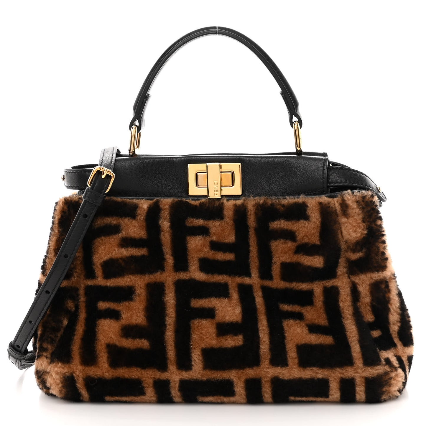 Shearling Nappa Macro FF 1974 Mini Peekaboo Iconic Satchel Tobacco Black