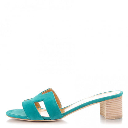 Hermes Chevre Velours Oasis Sandals 37.5 Emeraude 1 of 10