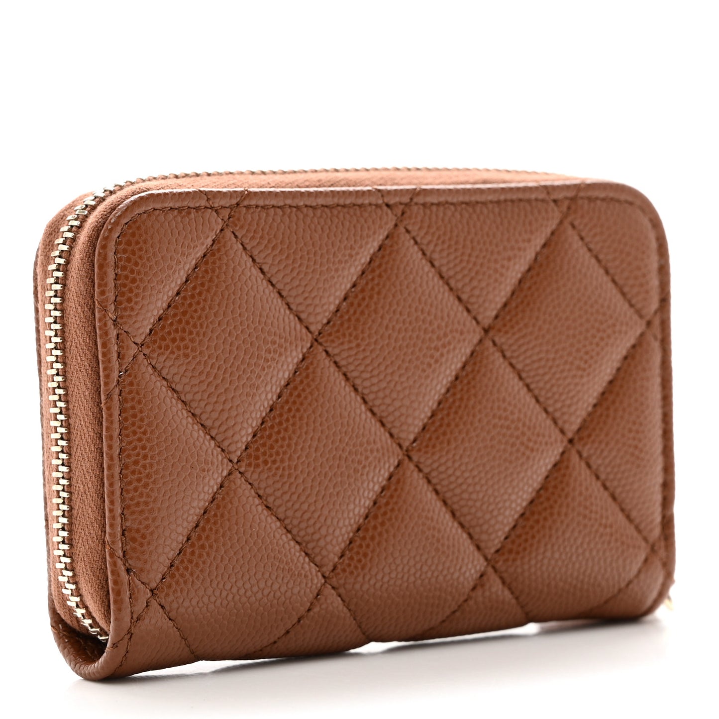 Shiny Caviar Quilted Strass CC Zip Coin Purse Light Brown