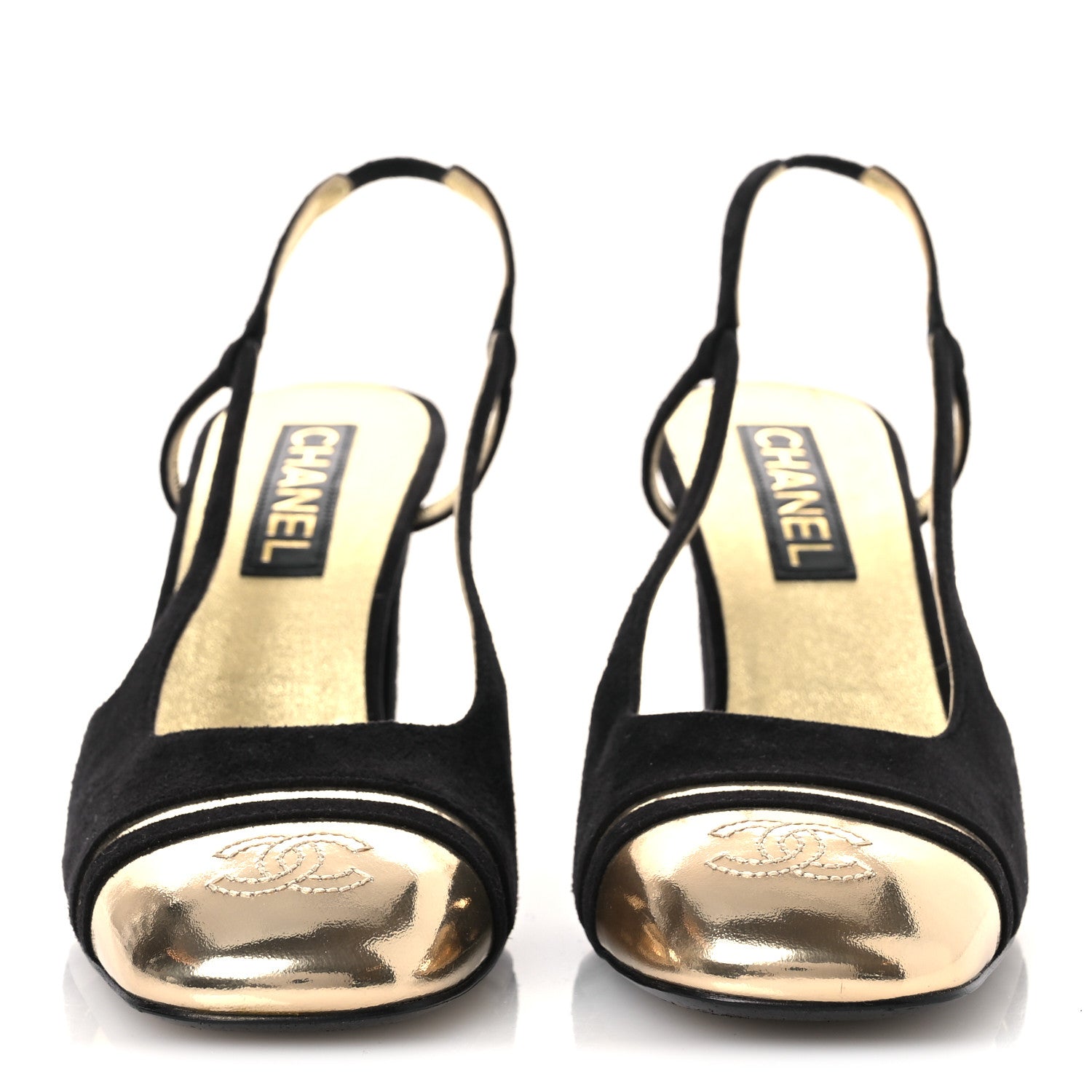 Chanel Kid Suede Metallic Lambskin Cap Toe CC Slingback Pumps 40 Black Gold 3 of 13