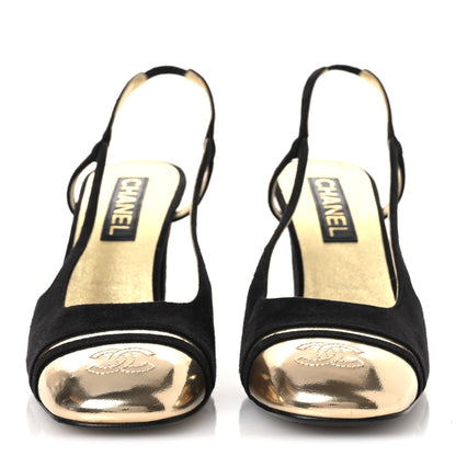 Chanel Kid Suede Metallic Lambskin Cap Toe CC Slingback Pumps 40 Black Gold 3 of 13