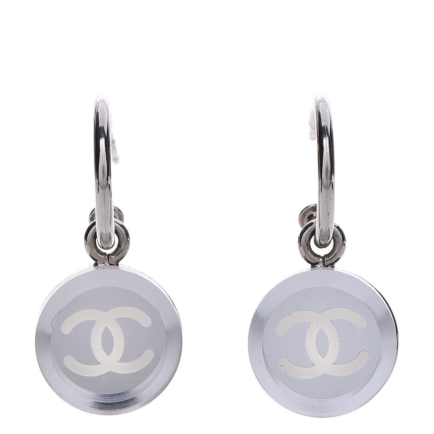 Chanel Mirror Resin CC Hoop Earrings Silver 1 of 5