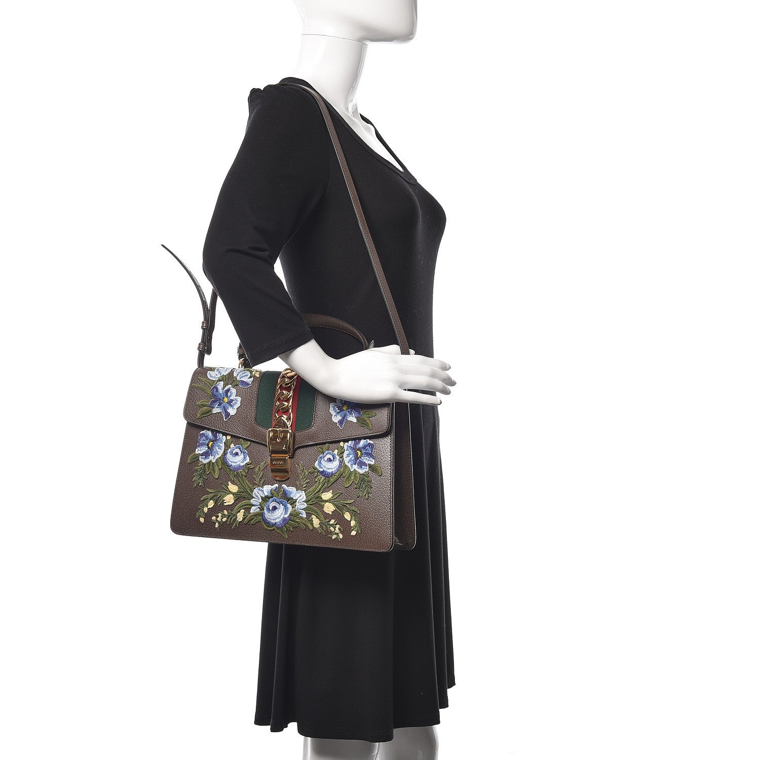 Gucci Calfskin Embroidered Medium Sylvie Top Handle Bag New Acero Multicolor 2 of 10