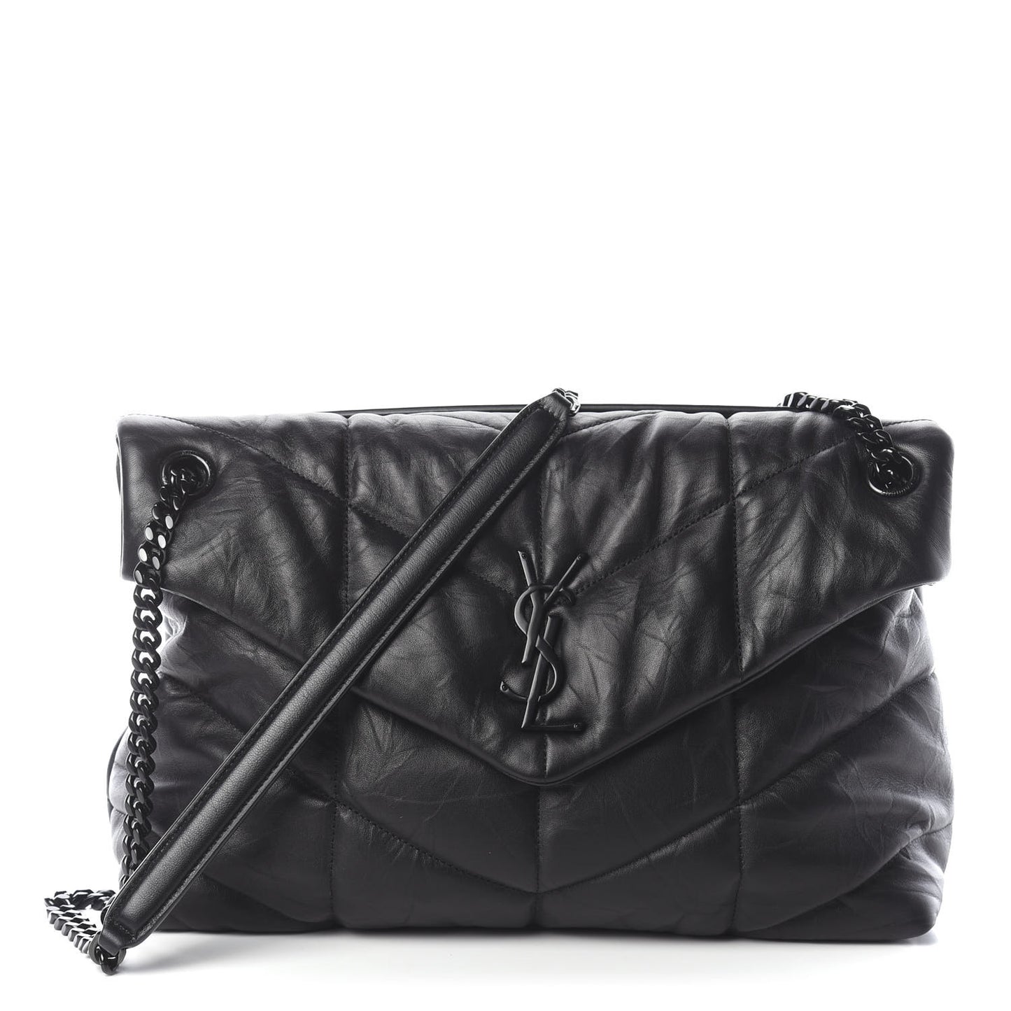 Lambskin Quilted Medium Loulou Puffer Monogram Chain Satchel Black