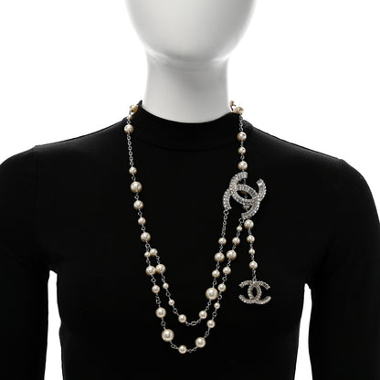 Chanel Pearl Baguette Crystal CC Long Necklace Silver 2 of 6