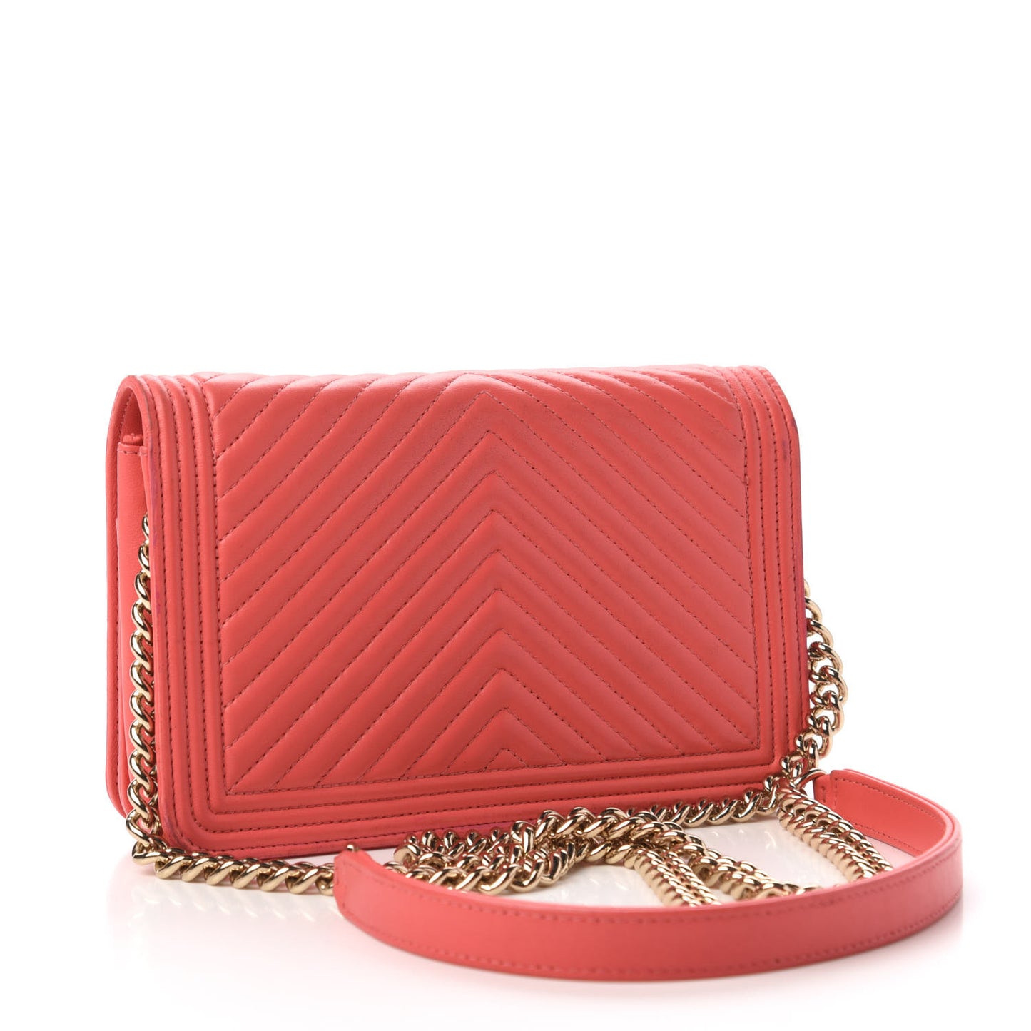 Calfskin Chevron Quilted Boy Wallet On Chain WOC Coral