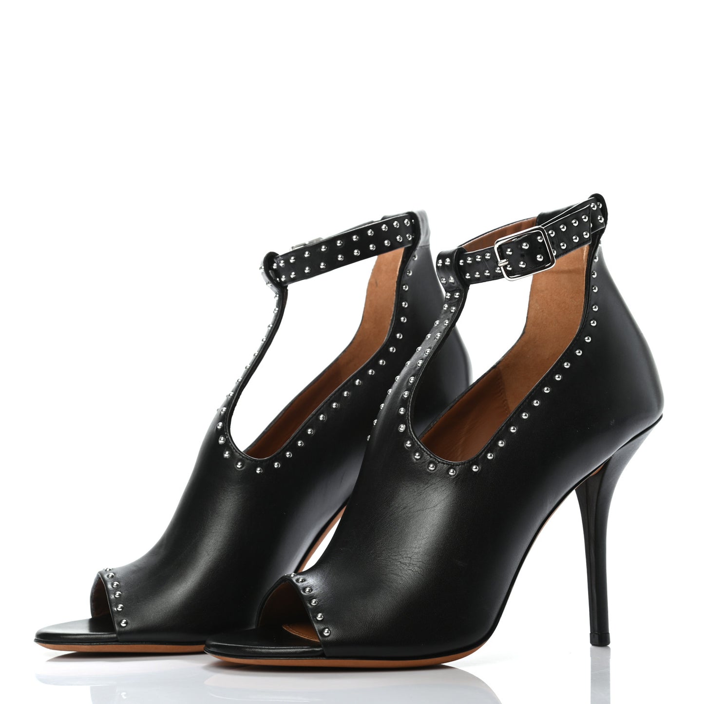 Calfskin Studded Elegant T-Strap Sandals 39.5 Black