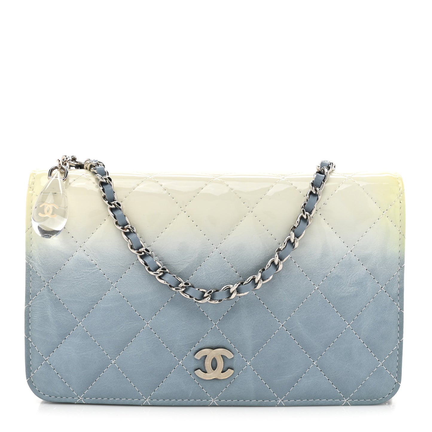 Faded Patent Calfskin Quilted Wallet on Chain Blue