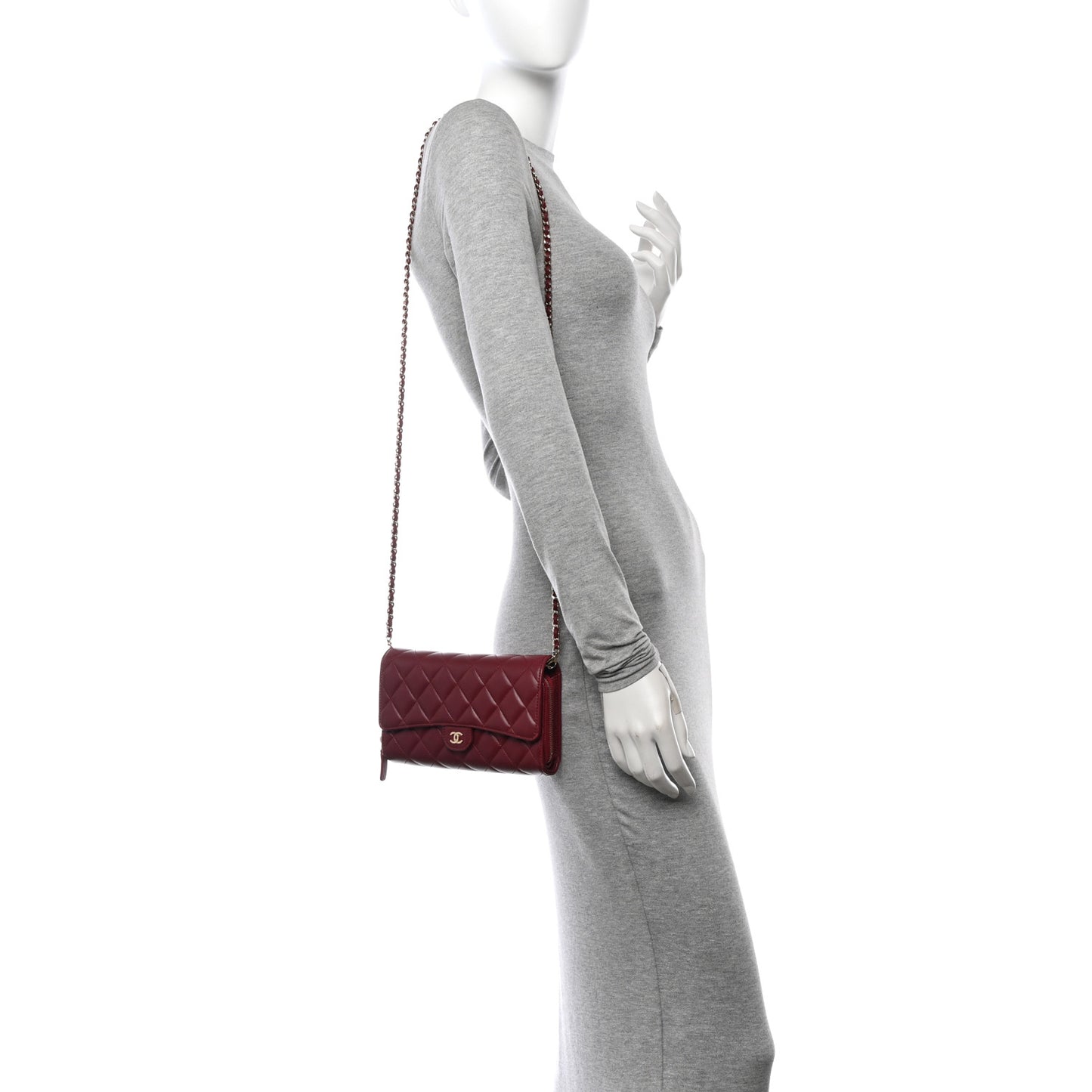 Lambskin Quilted Phone Holder Wallet on Removable Chain Burgundy