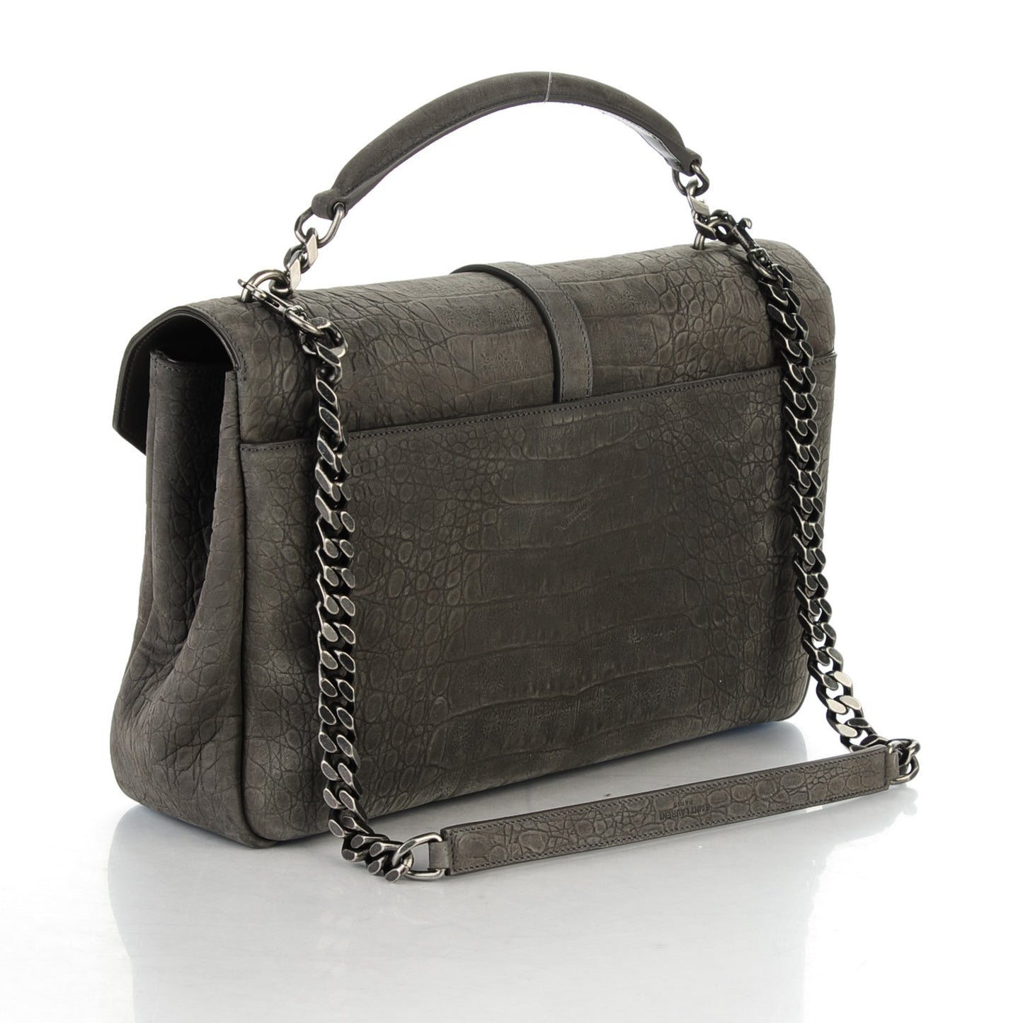 Crocodile Embossed Nubuck Monogram Large College Satchel Dark Gray