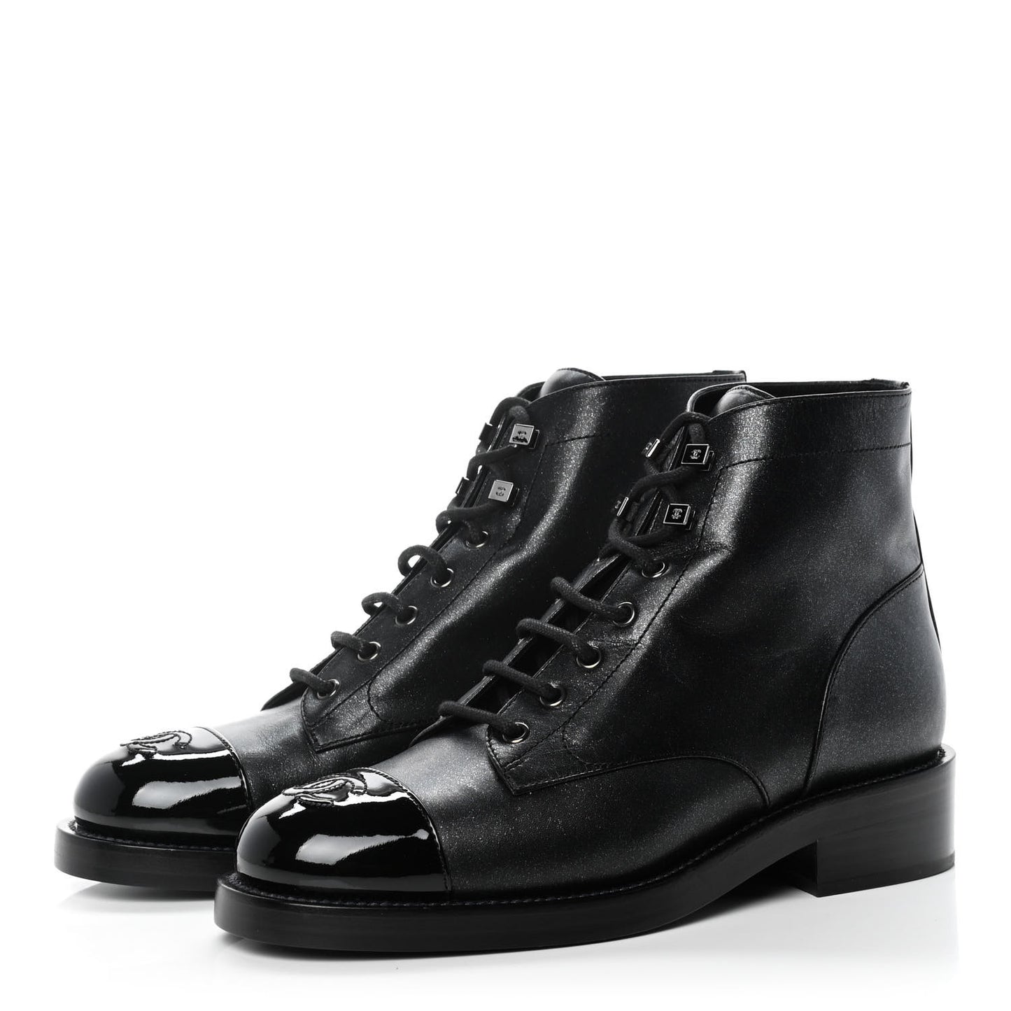Iridescent Calfskin Patent Cap Toe Combat Boots 39 Black