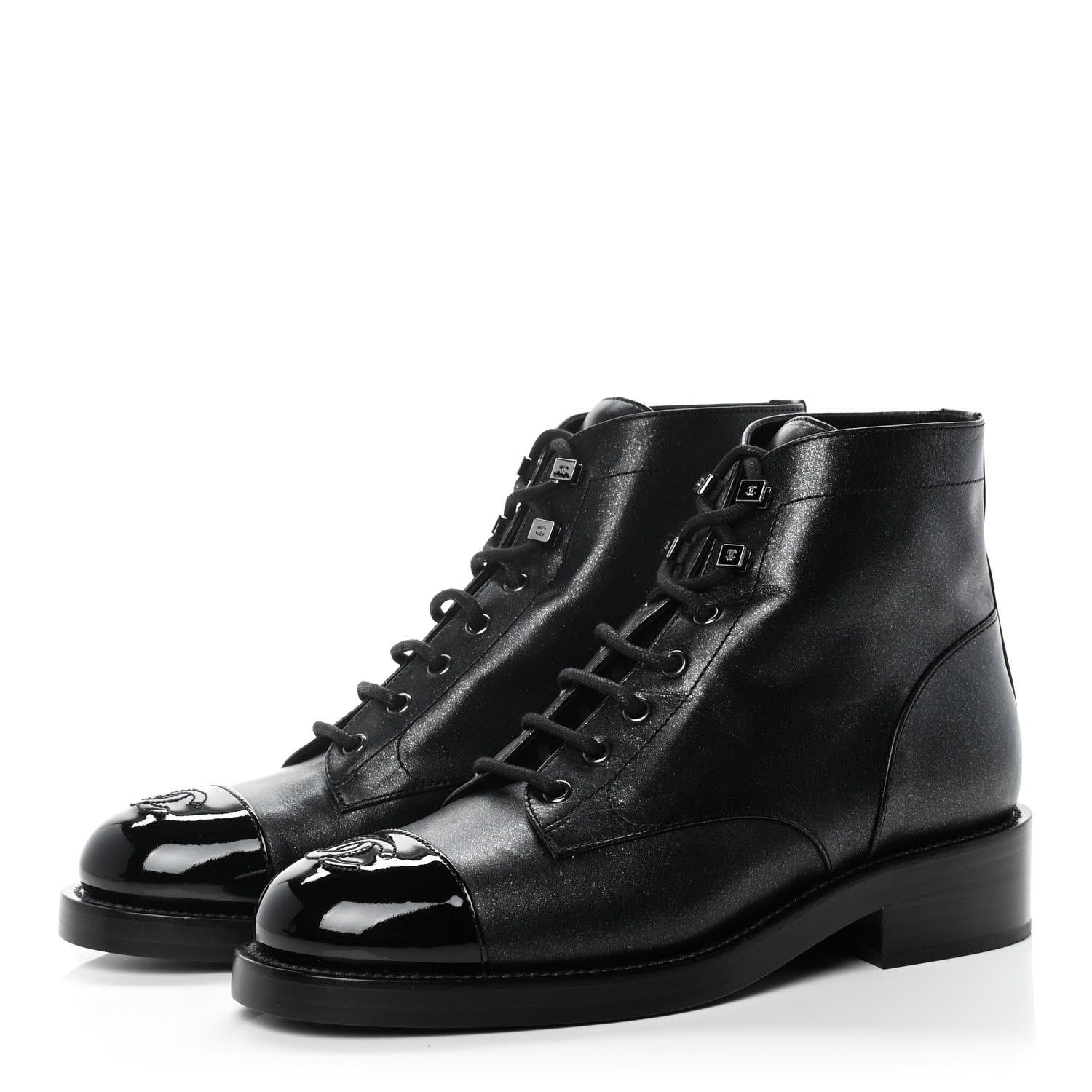 Chanel Iridescent Calfskin Patent Cap Toe Combat Boots 39 Black 3 of 9