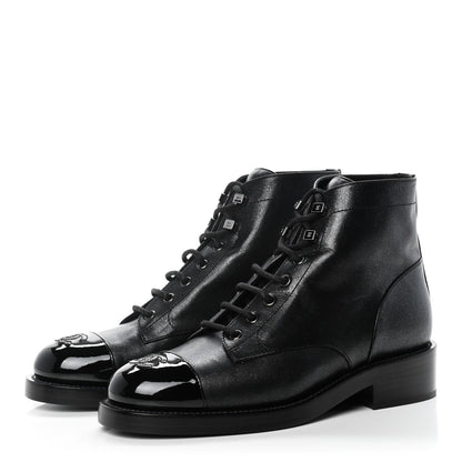 Chanel Iridescent Calfskin Patent Cap Toe Combat Boots 39 Black 3 of 9