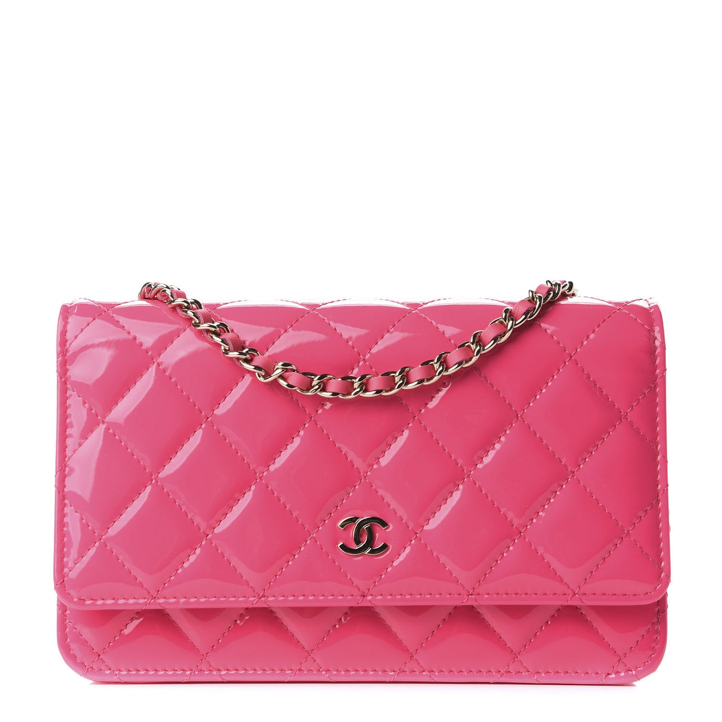 Patent Calfskin Quilted Wallet On Chain WOC Pink