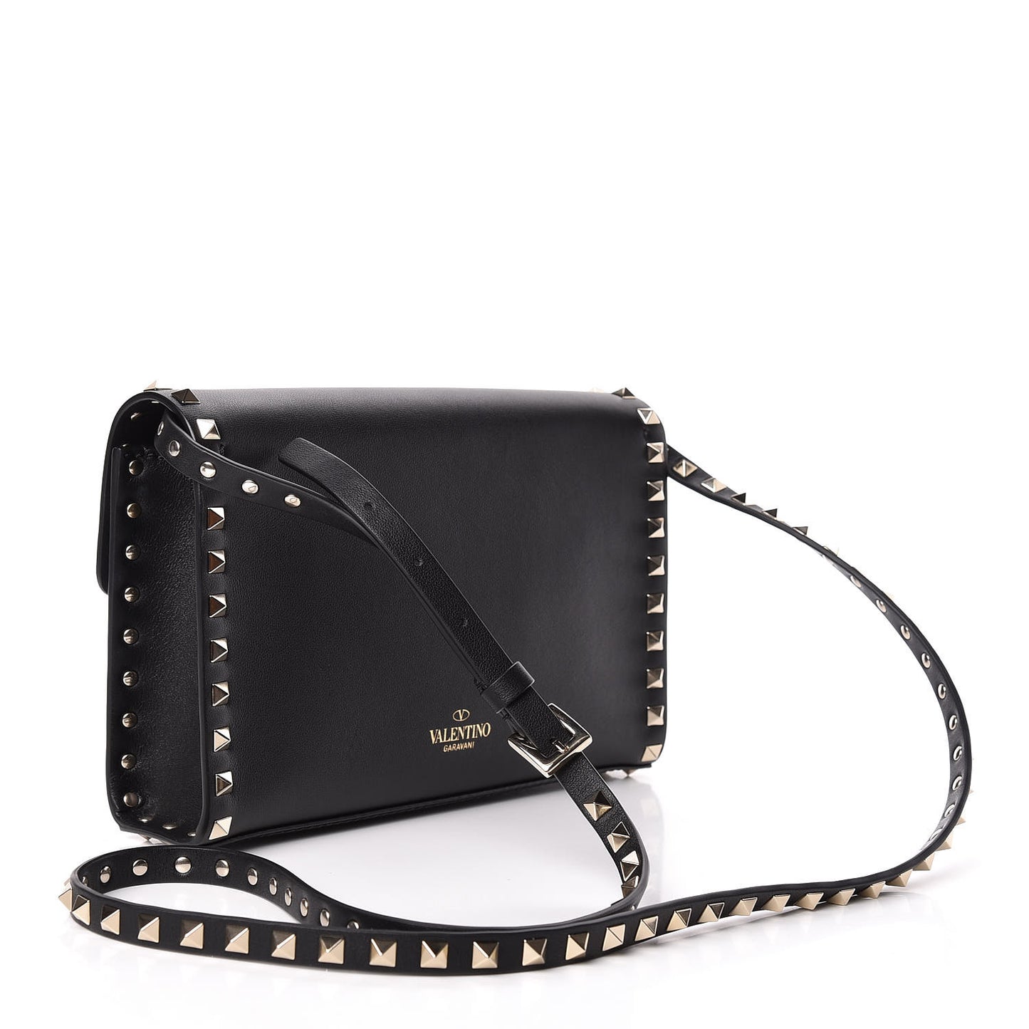 Vitello Medium Rockstud Flip Lock Crossbody Bag Black