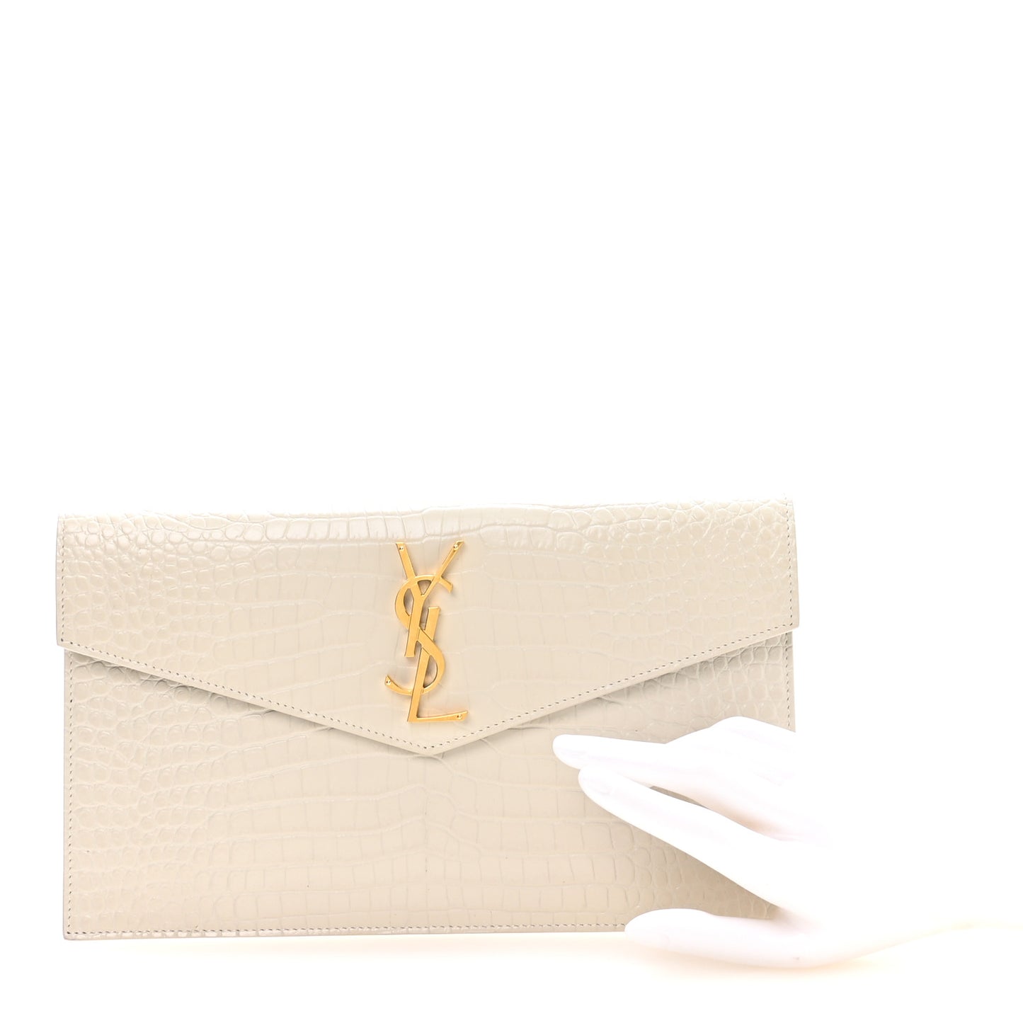 Calfskin Crocodile Embossed Uptown Monogram Pouch Crema Soft