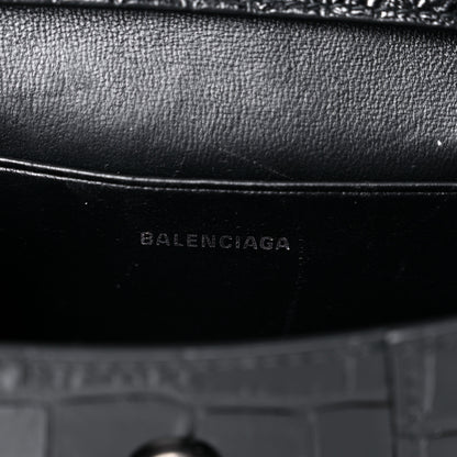 Balenciaga Shiny Calfskin Monochrome Crocodile Embossed Hourglass Top Handle Bag Mini Black 8 of 15