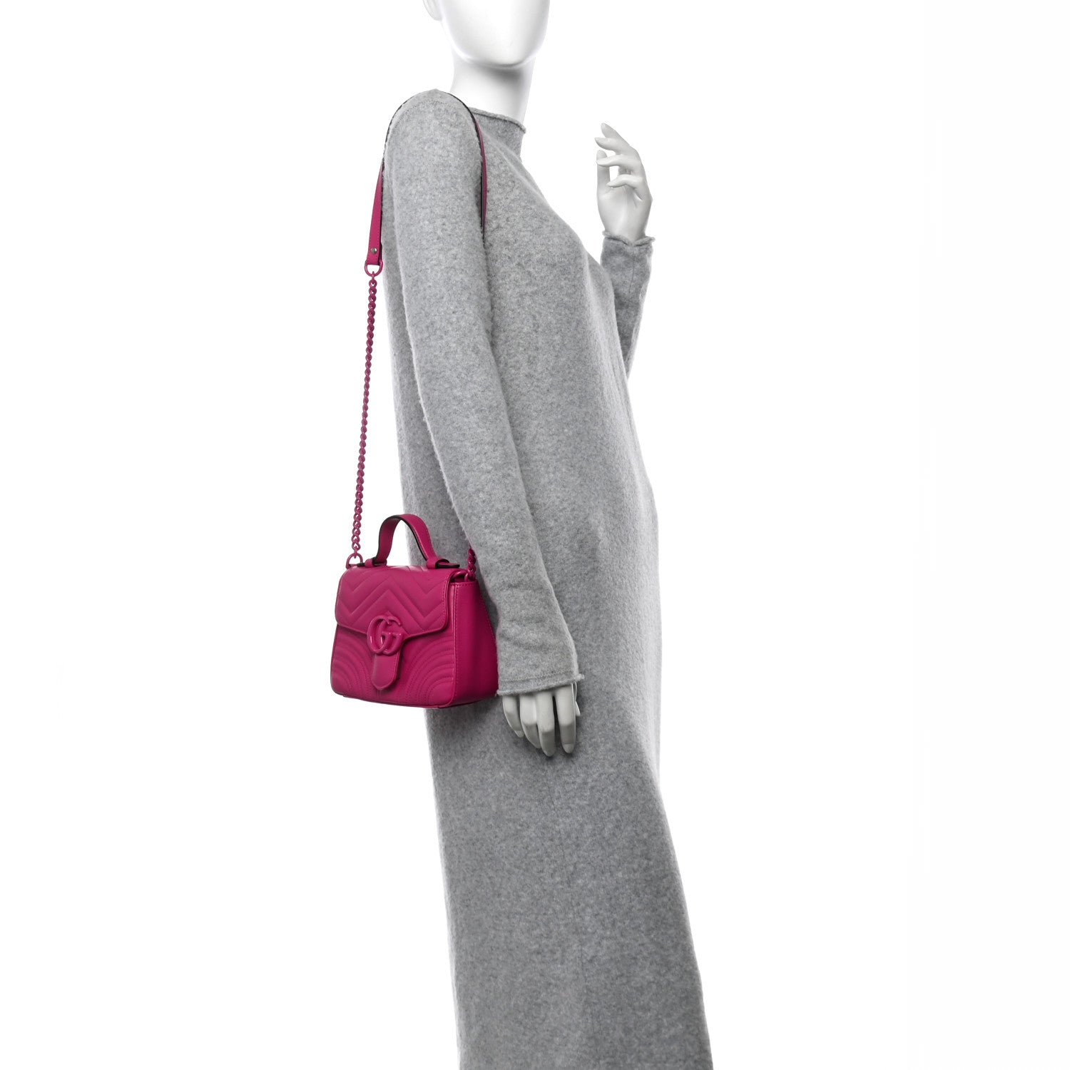 Gucci Calfskin Matelasse Monochrome Mini GG Marmont Top Handle Shoulder Bag Classic Fuxia 3 of 13