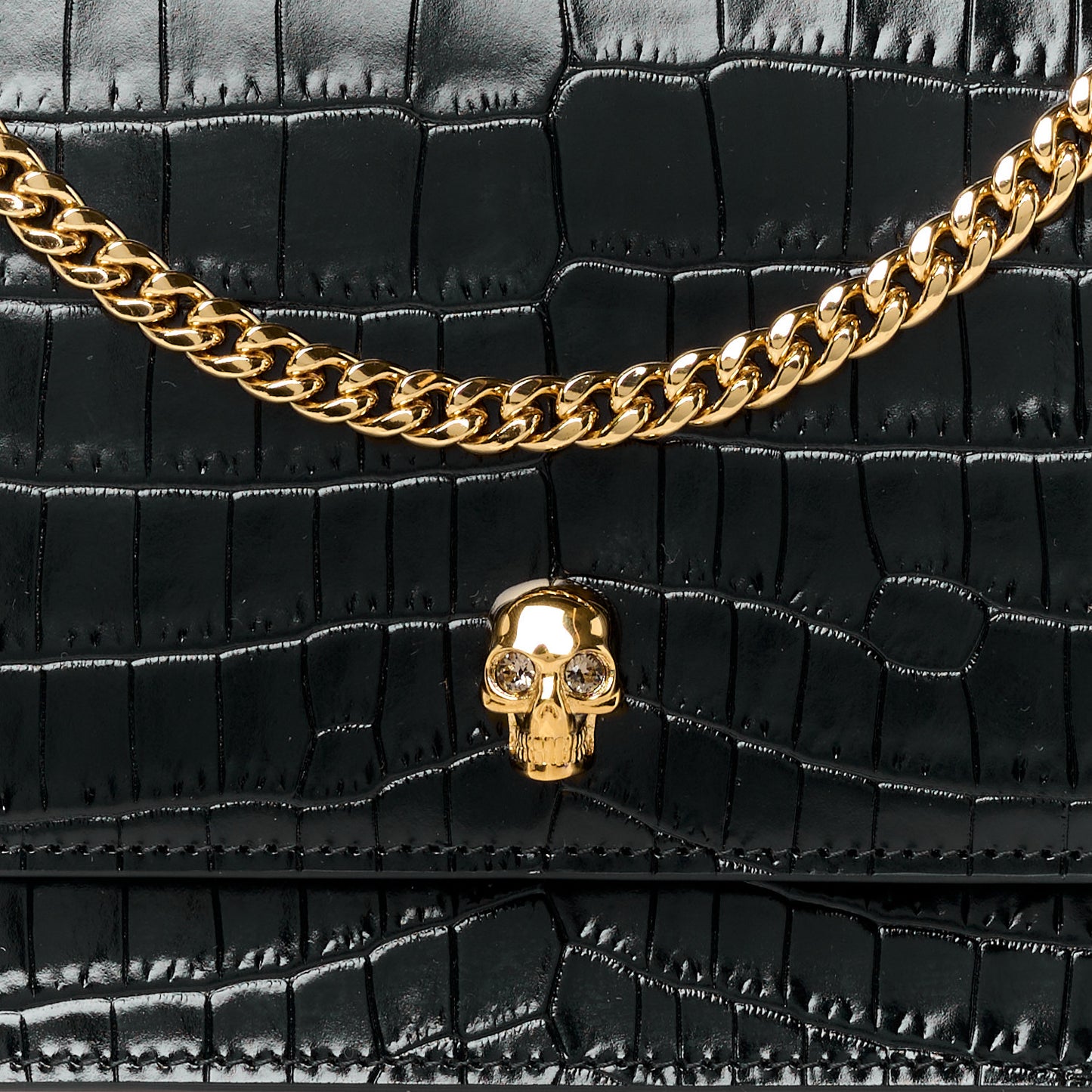 Calfskin Crocodile Embossed Skull Medium Shoulder Bag Black