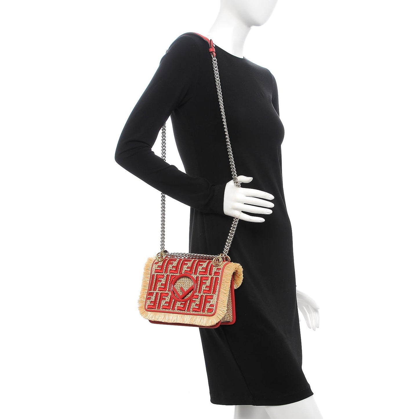 Raffia Vitello Century F is Fendi FF Embroidered Fringe Small Kan I Shoulder Bag Natural Fiamma
