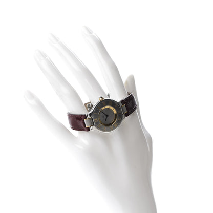 Cartier Stainless Steel 18K Yellow Gold Calfskin 28mm Must De 21 Quartz Watch Burgundy 2 of 9