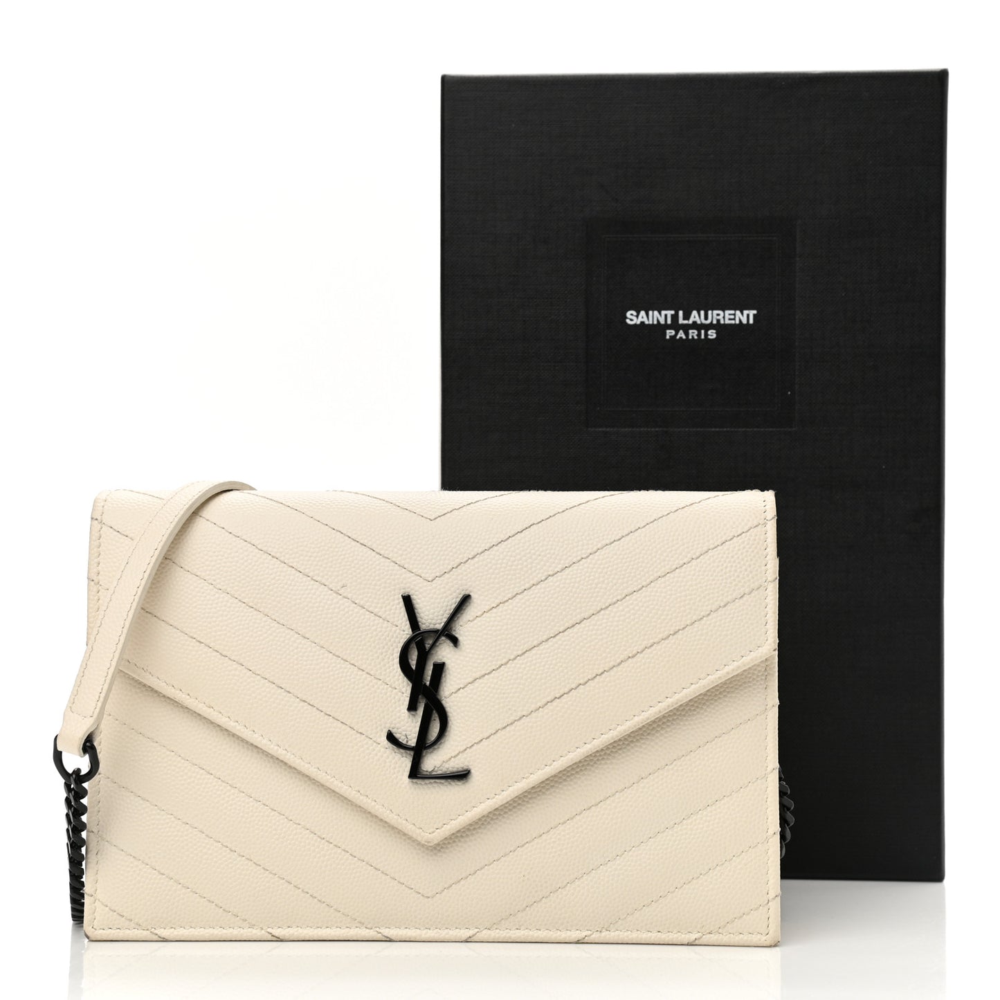 Grain De Poudre Matelasse Chevron Monogram Envelope Chain Wallet Dove White