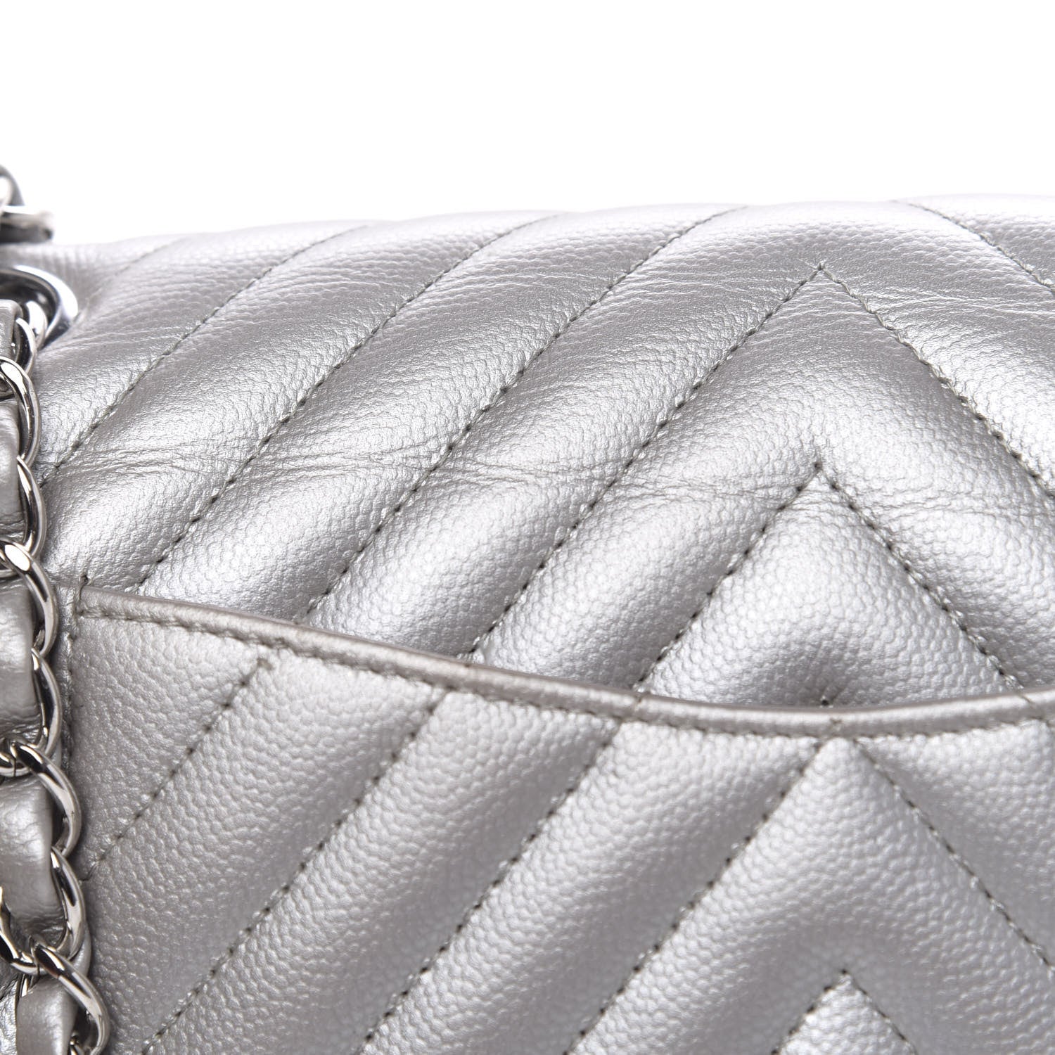 Chanel Metallic Caviar Chevron Quilted Medium Double Flap Silver 15 of 16