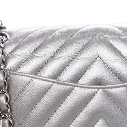 Chanel Metallic Caviar Chevron Quilted Medium Double Flap Silver 15 of 16