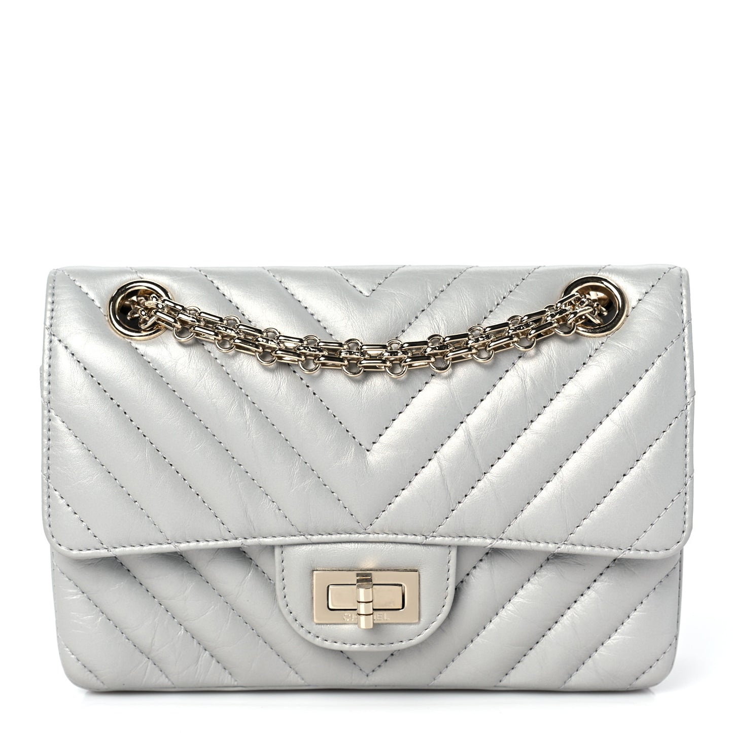 Metallic Aged Calfskin Chevron Quilted 2.55 Reissue Mini Flap Silver