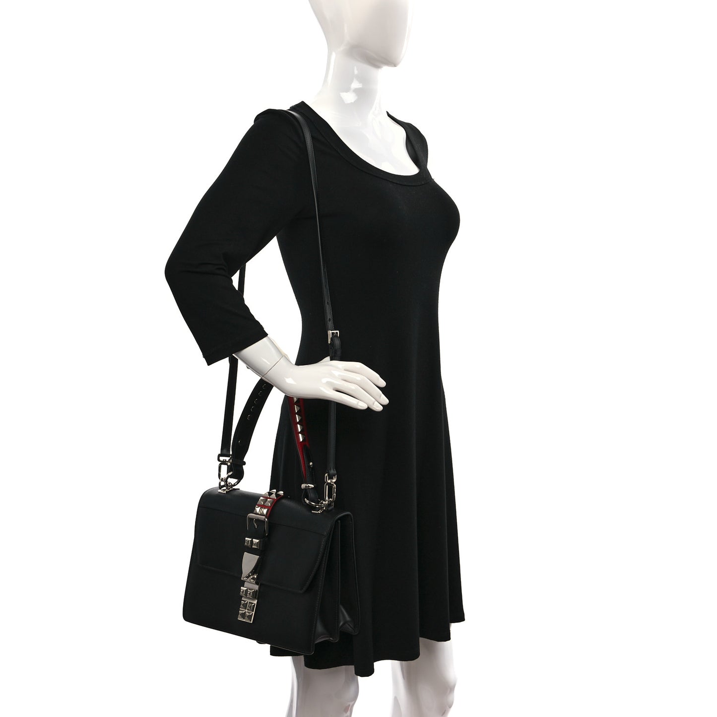 Saffiano City Calfskin Studded Elektra Shoulder Bag Black Fuoco