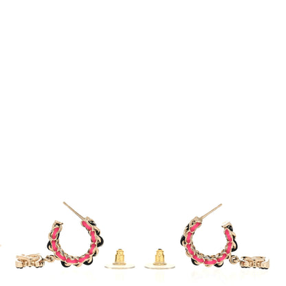 Chanel Lambskin Enamel Crystal CC Chain Hoop Drop Earrings Gold Black Pink 3 of 5