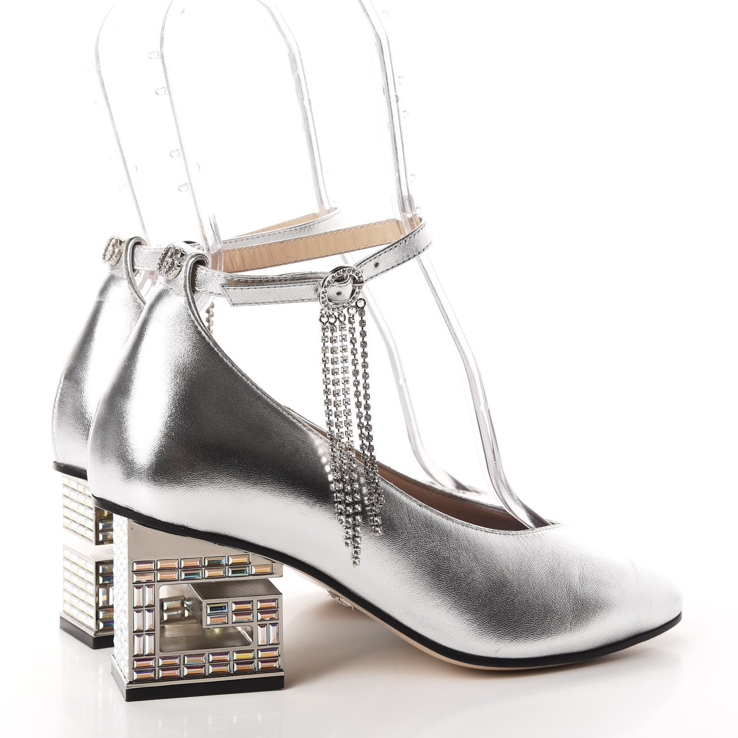 Gucci Metallic Nappa Crystal Square G Mid Heel Pumps 36 Silver 4 of 12
