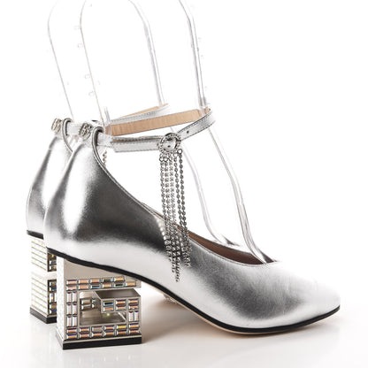 Gucci Metallic Nappa Crystal Square G Mid Heel Pumps 36 Silver 4 of 12