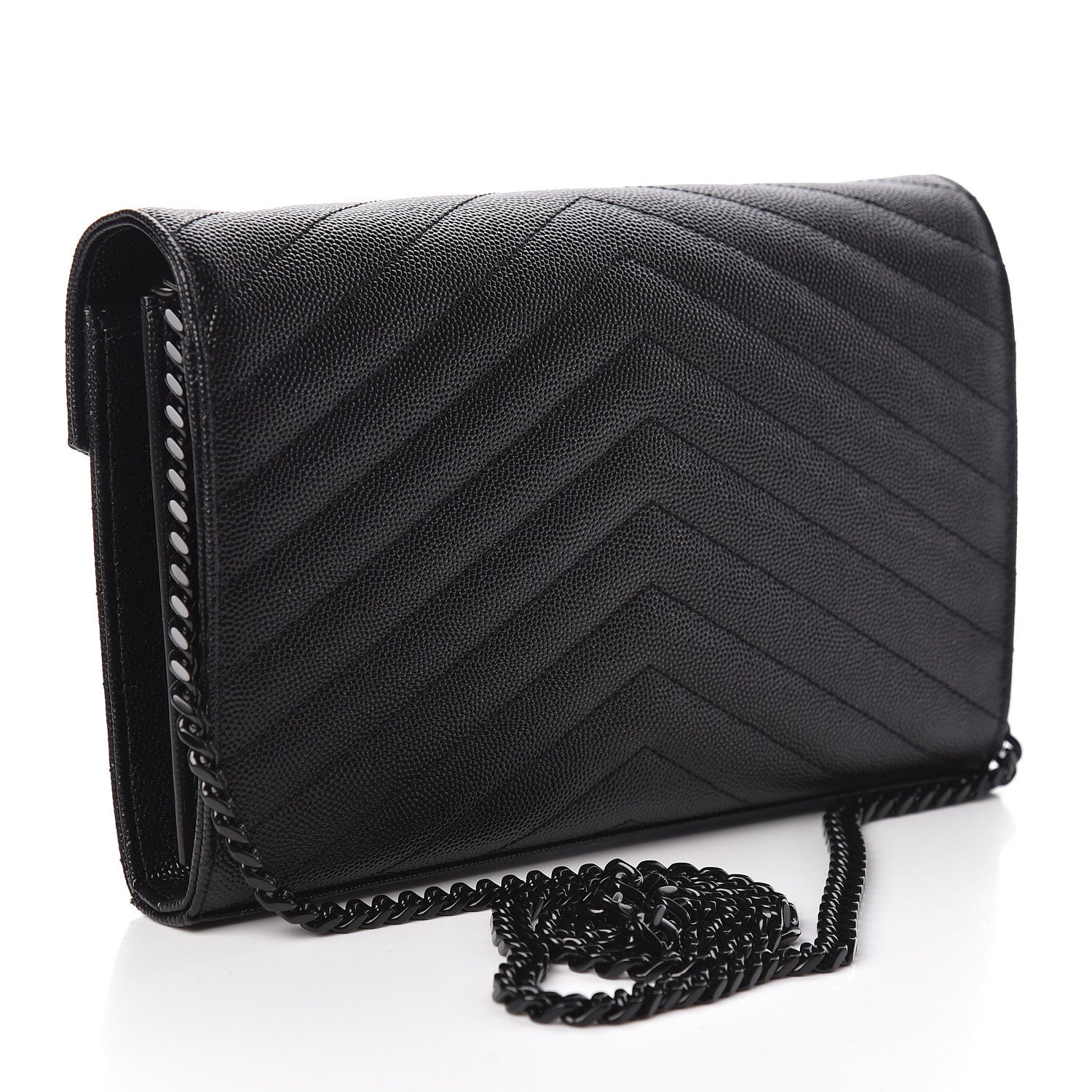 Saint Laurent Grain De Poudre Matelasse Chevron Monogram Chain Wallet Black 3 of 9
