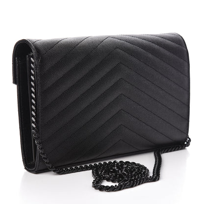 Saint Laurent Grain De Poudre Matelasse Chevron Monogram Chain Wallet Black 3 of 9
