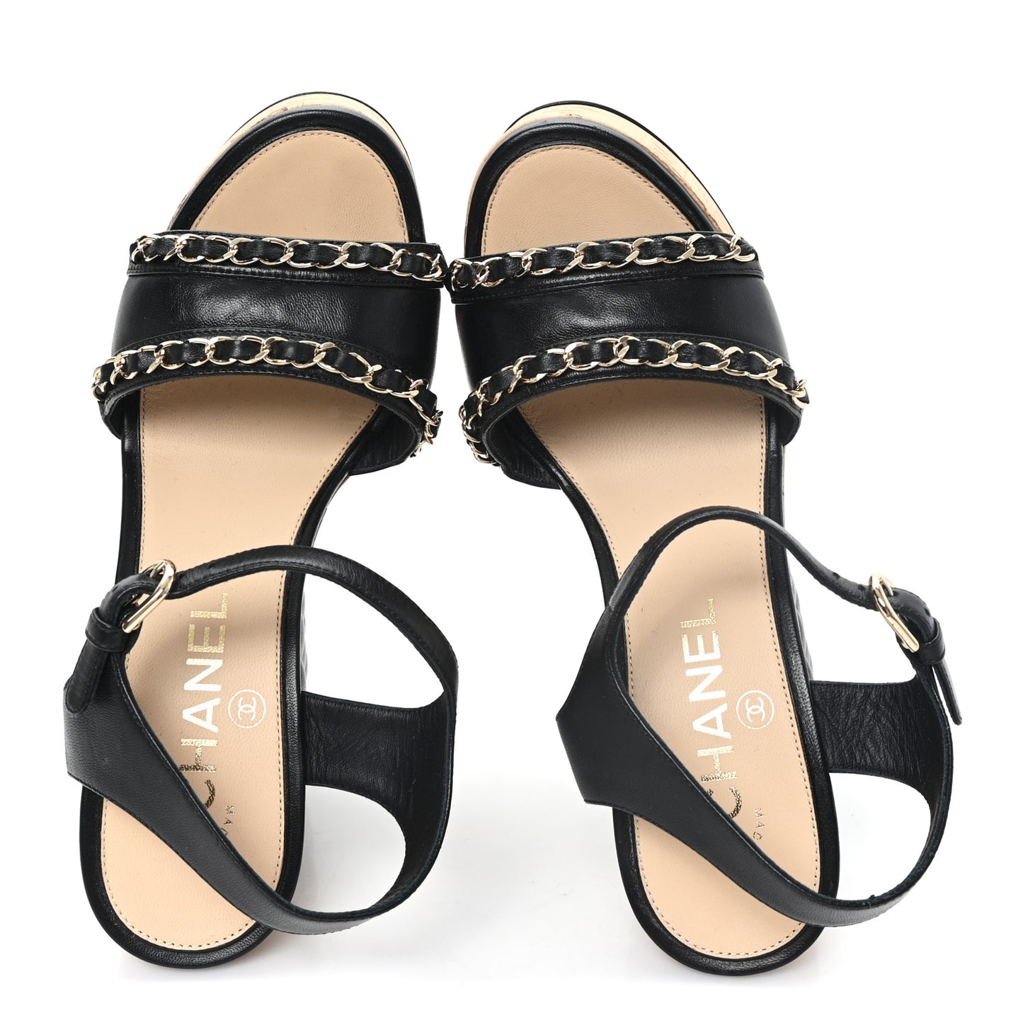 Lambskin Quilted Chain Cork Wedge Sandals Black 36 Black