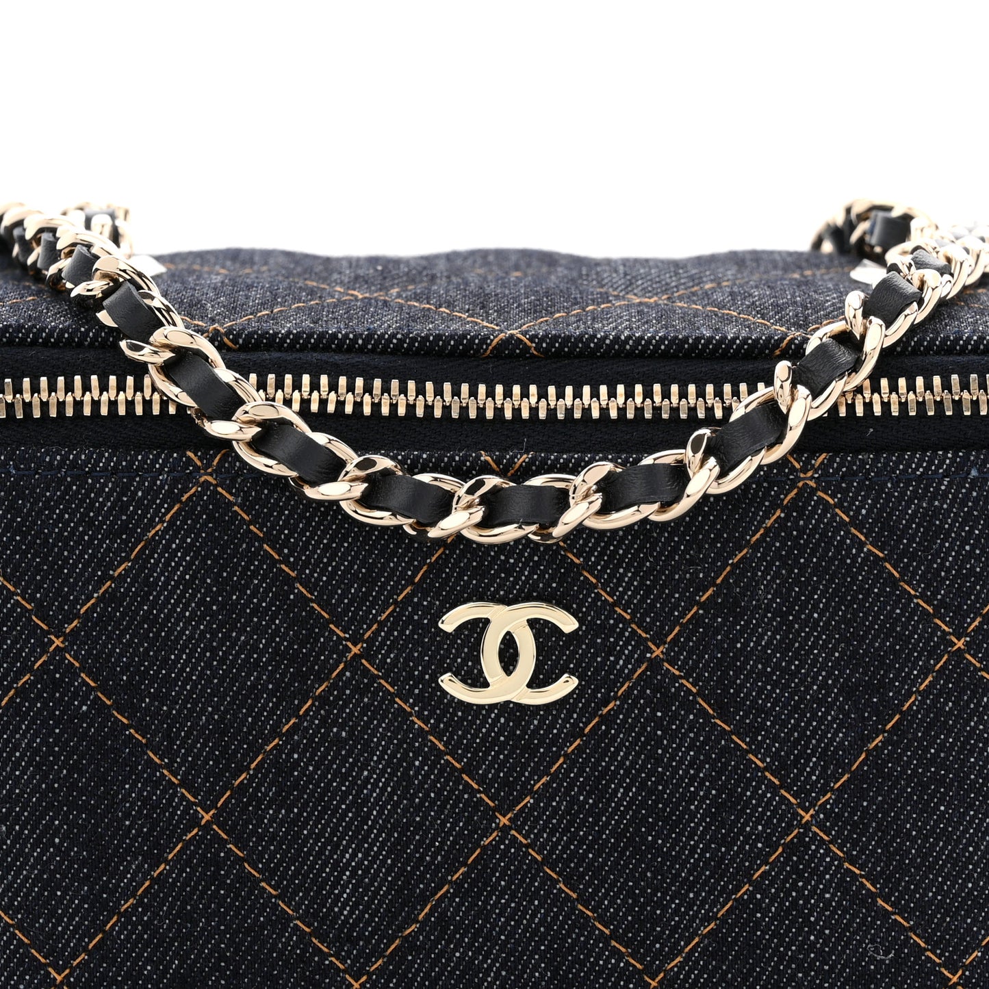 Denim Quilted Vanity Case With Chain Dark Blue