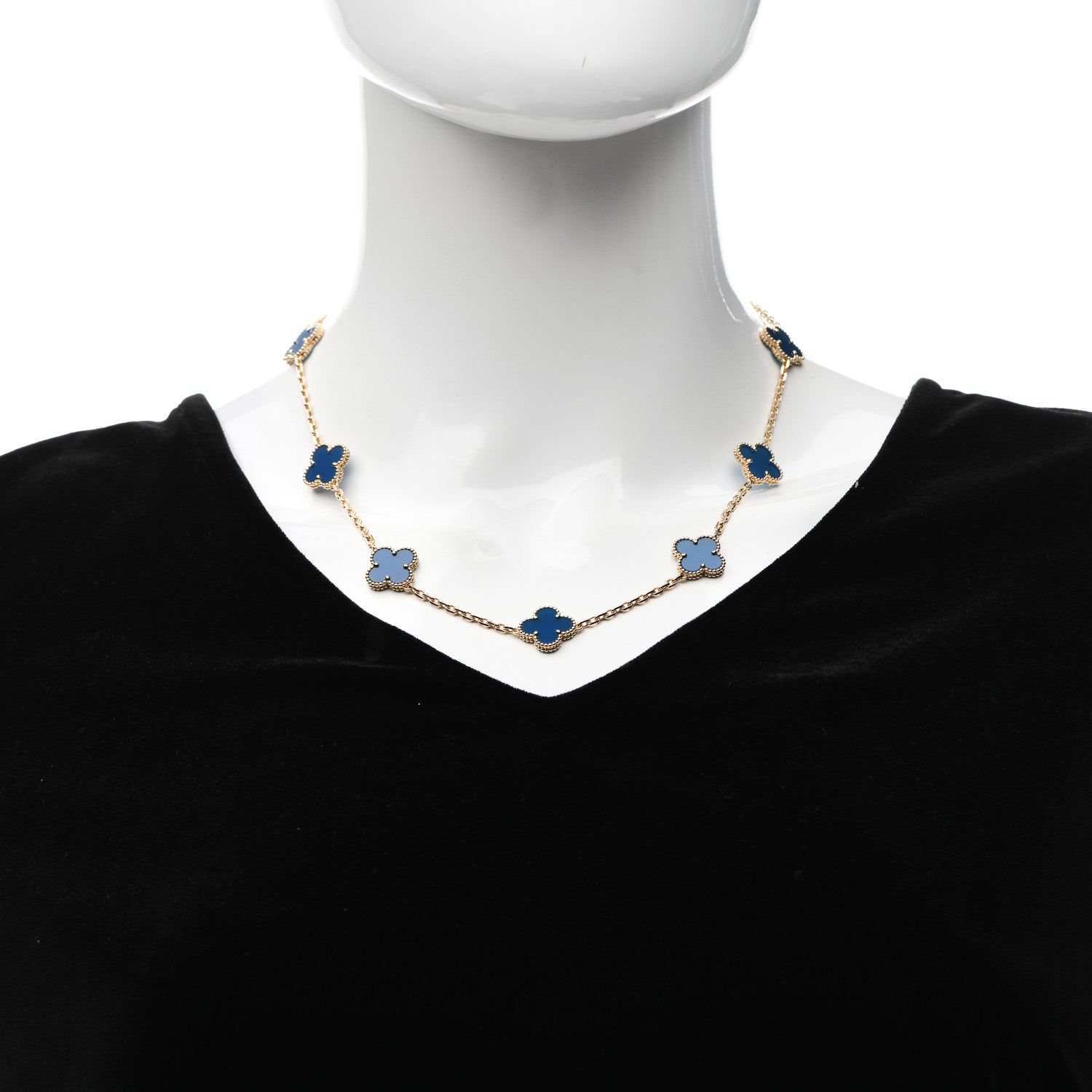 Van Cleef & Arpels 18K Yellow Gold Blue Agate 10 Motifs Vintage Alhambra Necklace 2 of 6
