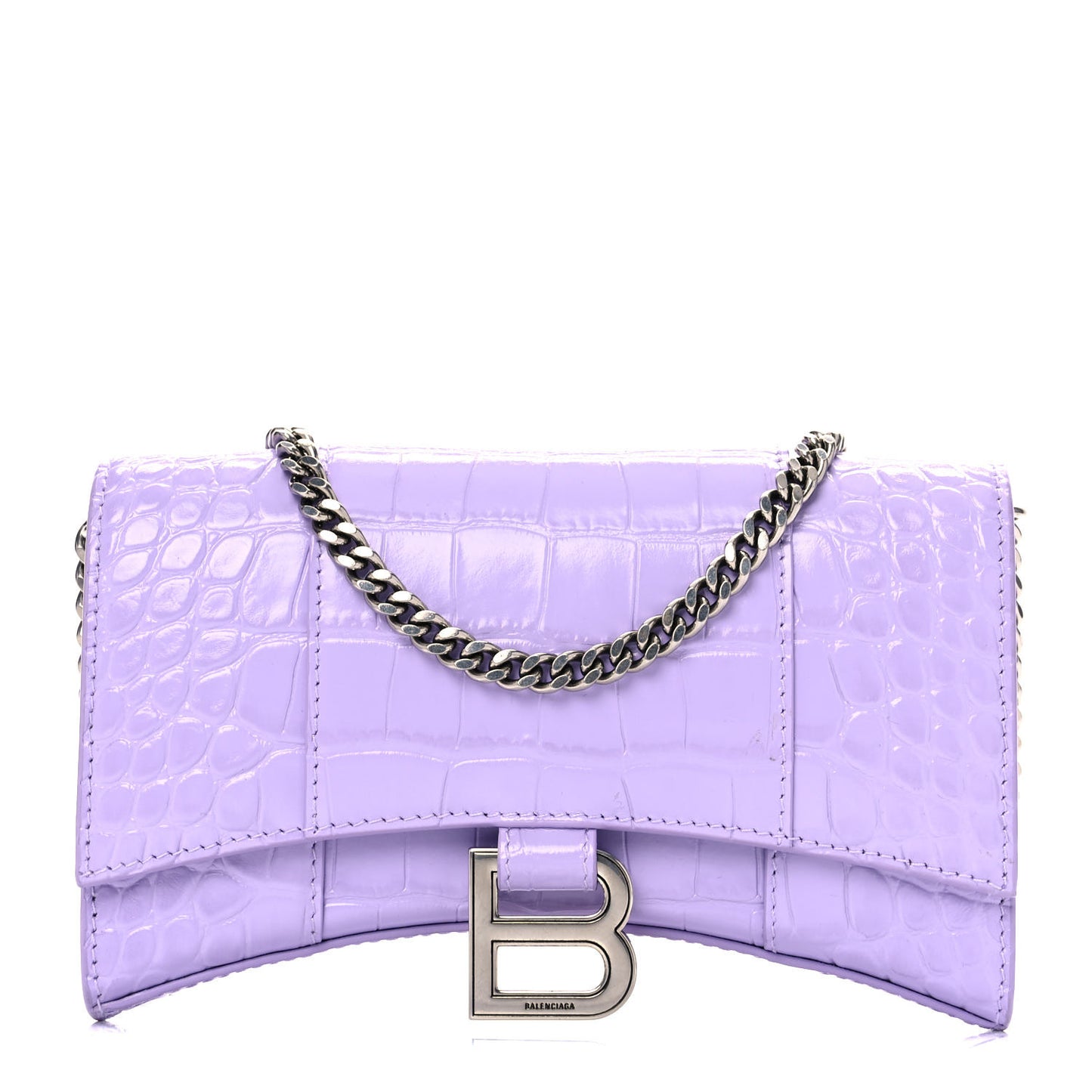 Shiny Calfskin Crocodile Embossed Hourglass Chain Bag Lilac