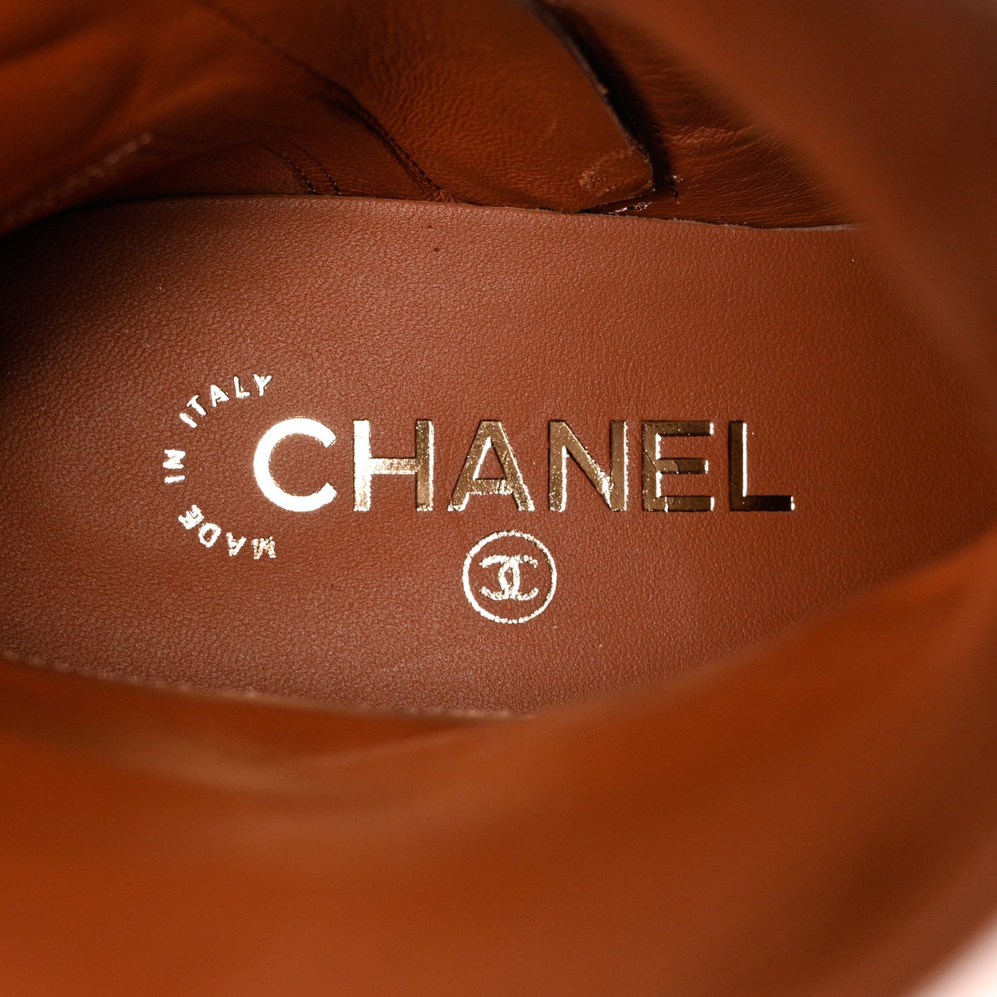 Calfskin CC Logo Mid Calf Boots 38 Caramel
