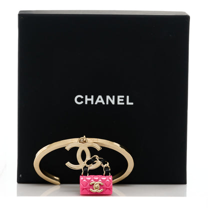Chanel Calfskin Metal Resin CC Quilted Flap Cuff Bracelet Gold Black Pink 4 of 4