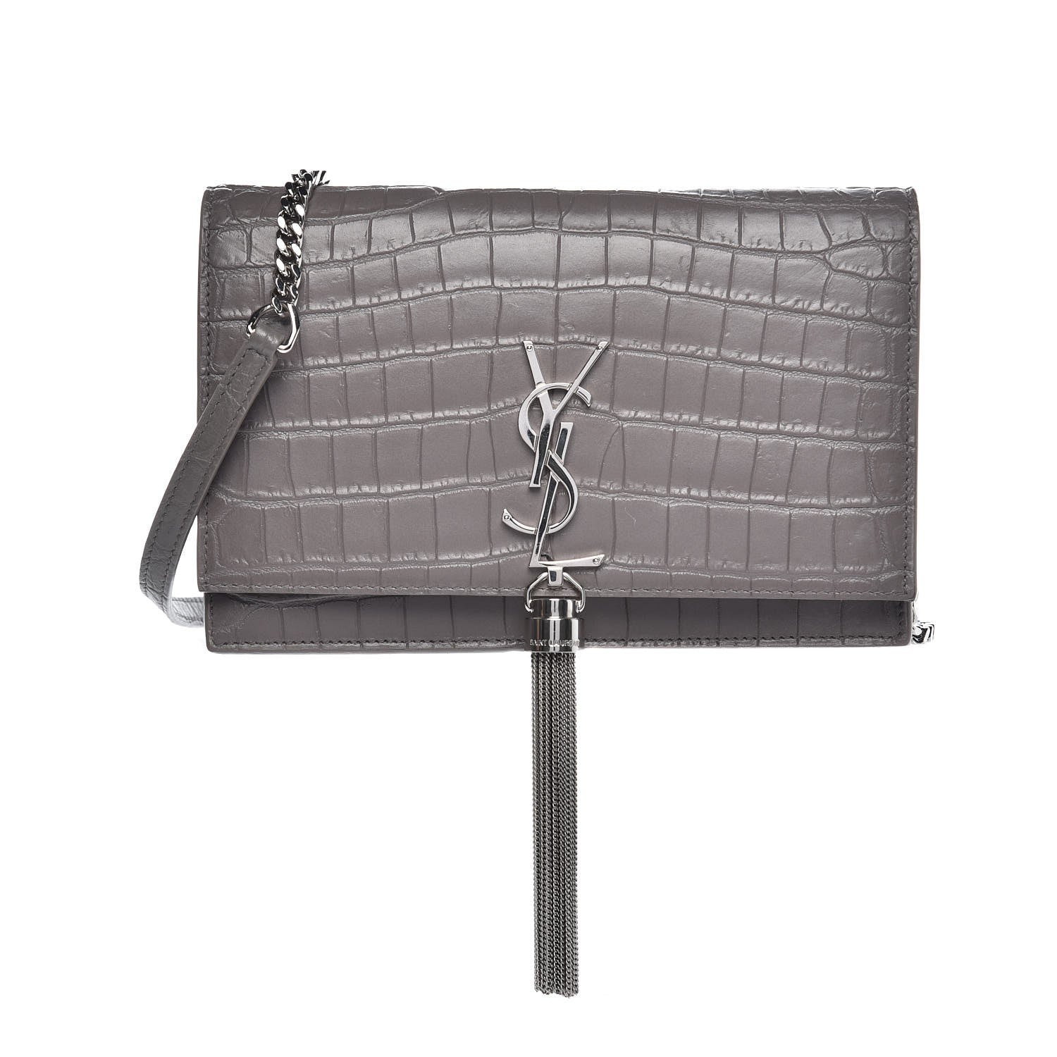 Saint Laurent Calfskin Crocodile Embossed Kate Monogram Tassel Chain Wallet Fog 1 of 8